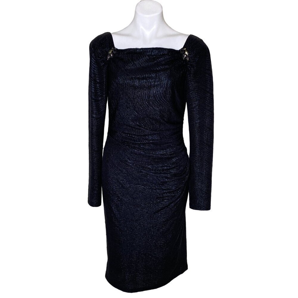 David Meister Women's Black Textured Ruched Dress W/ Beaded Shoulders Size 8